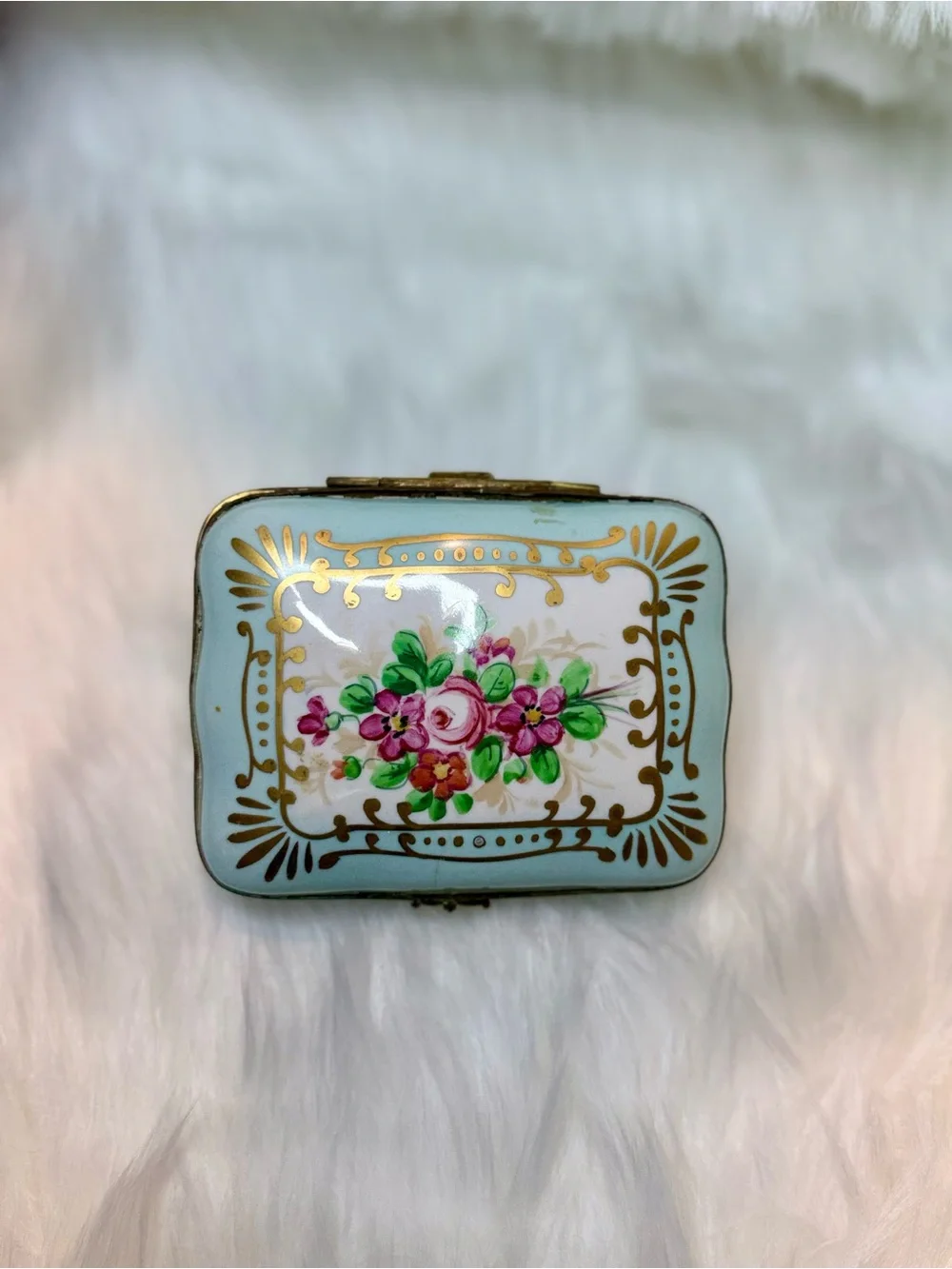 Hand-Painted Floral Porcelain Trinket Box - Blue & White with Gold Accents